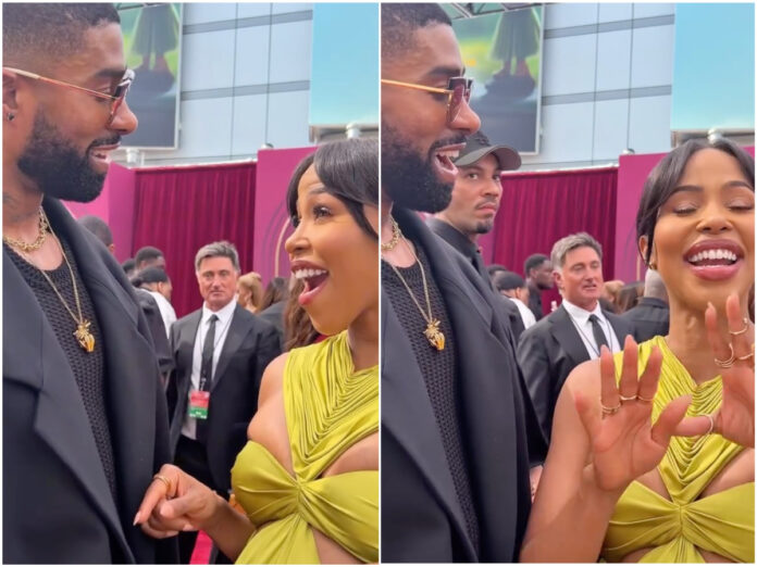 KJ Smith and Skyh Black on the 2025 BET Awards red carpet during their surprise baby gender reveal