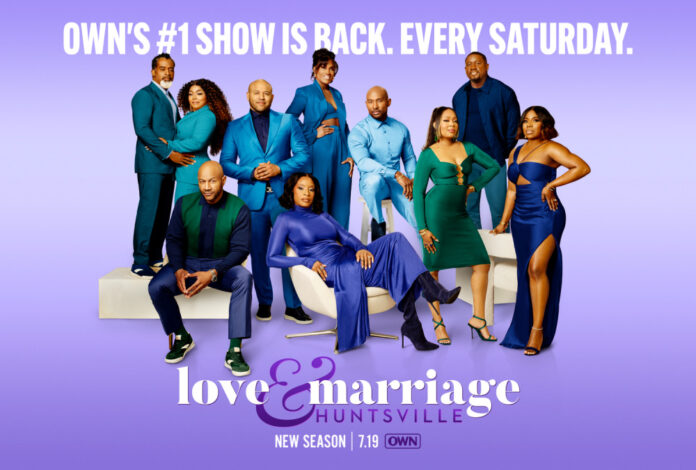 Key art for Season 10 of "Love & Marriage: Huntsville" on OWN, featuring the cast returning for more drama and emotional journeys.