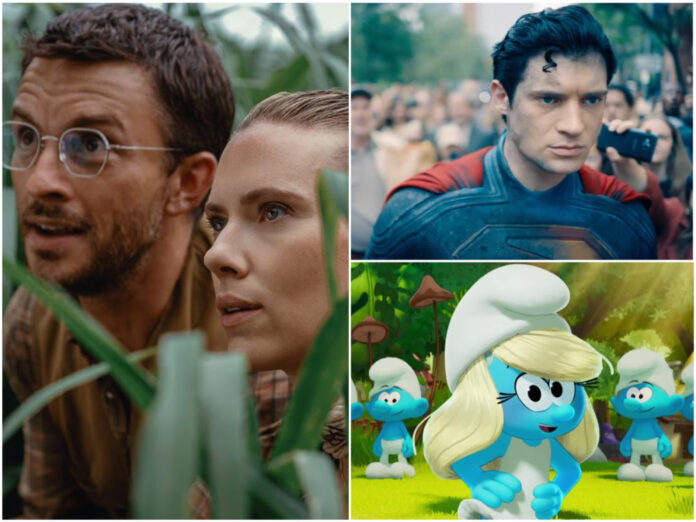 Jurassic World Rebirth, Superman, The Smurfs, and other new theatrical releases premiering in July 2025.