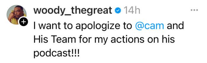 Woody McClain issues public apology to Cam Newton for his actions on the Funky Friday podcast.