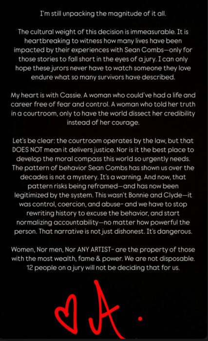 Aubrey O'Day Instagram statement about the verdict in Diddy's sex trafficking and racketeering trial