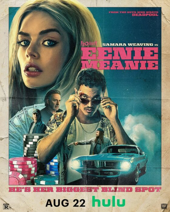 Key art for Eenie Meanie, Hulu’s high-speed thriller starring Samara Weaving, premiering August 22, 2025.
