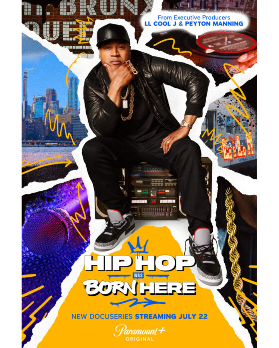 LL Cool J stands in front of a graffiti-covered wall with a boombox, representing the roots of hip-hop in Hip Hop Was Born Here on Paramount+.