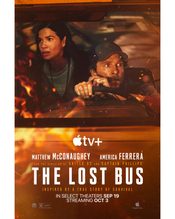 America Ferrera and Matthew McConaughey in The Lost Bus key art, premiering October 3, 2025 on Apple TV+