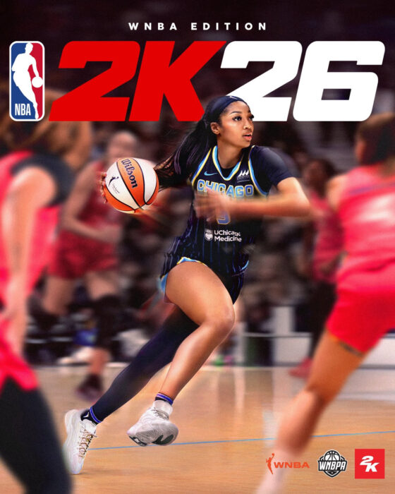 Angel Reese poses on the NBA 2K26 WNBA Edition cover wearing her Reebok signature shoe, the Angel Reese 1.