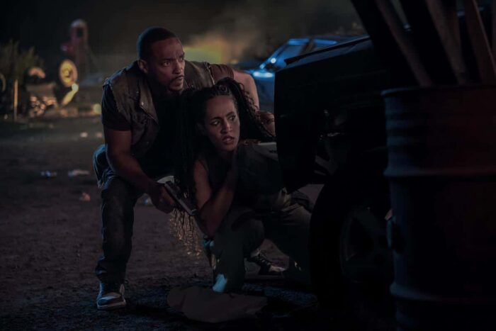 Anthony Mackie and Tiana Okoye in a scene from "Twisted Metal" Season 2