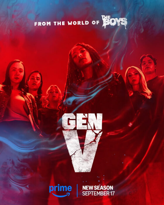 Official 'Gen V' Season 2 key art featuring the main cast in a dramatic red-toned backdrop, promoting the Prime Video release.