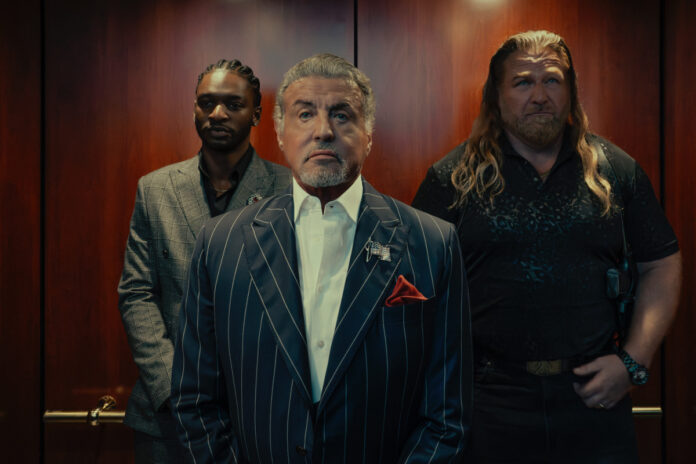 Jay Will as Tyson, Sylvester Stallone as Dwight Manfredi, and Mike Walden as Bigfoot in Tulsa King Season 3 on Paramount+