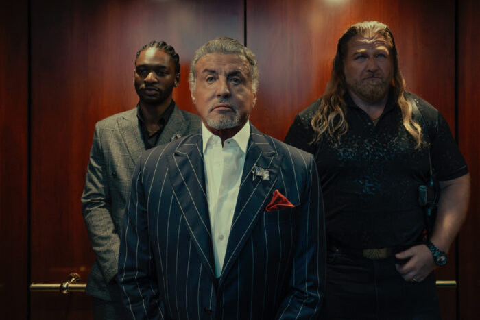Jay Will as Tyson, Sylvester Stallone as Dwight Manfredi, and Mike Walden as Bigfoot in Tulsa King Season 3 on Paramount+