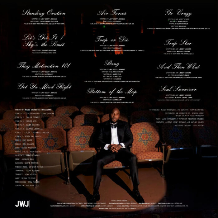 Back cover of Jeezy’s TM:101 Live album showing tracklist and orchestra-themed artwork celebrating 20 years of Thug Motivation 101