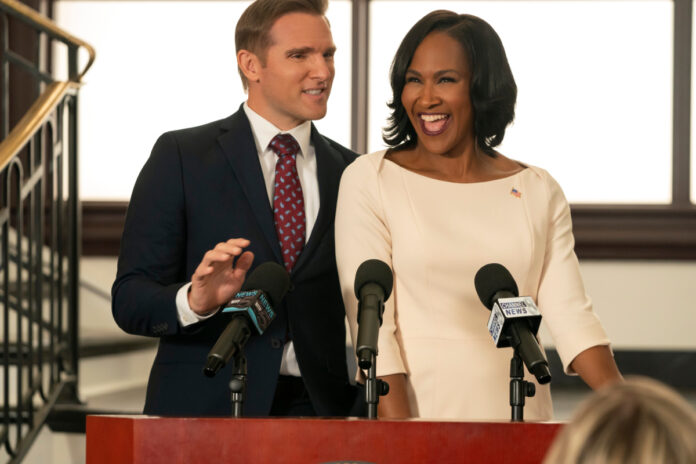 Kevin Thoms as Jed Bonds and Terri J. Vaughn as Antoinette Dunkerson in Episode 110 of Miss Governor