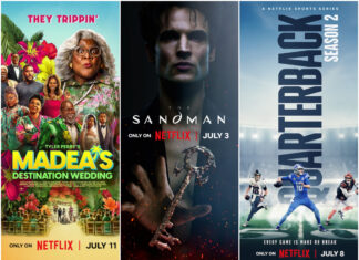 15 Binge-Worthy Netflix Picks To Watch This July (2025) Netflix July 2025 lineup collage featuring promotional images from The Old Guard 2, Madea’s Destination Wedding, The Sandman, and Happy Gilmore 2.