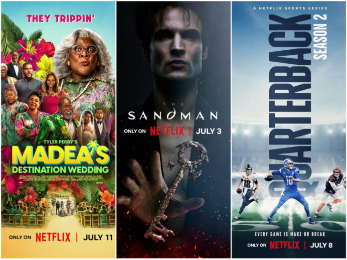 Netflix July 2025 lineup collage featuring promotional images from The Old Guard 2, Madea’s Destination Wedding, The Sandman, and Happy Gilmore 2.