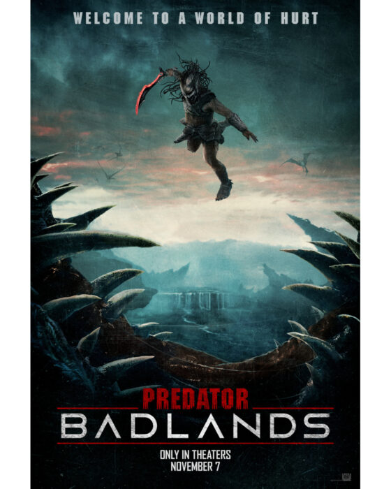 Official movie poster for Predator: Badlands featuring Elle Fanning and a young Predator on a remote planet