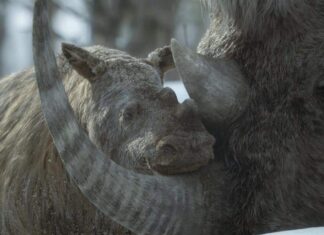 Tom Hiddleston Narrates ‘Prehistoric Planet: Ice Age’ On Apple TV+ With Music By Hans Zimmer A mother and baby woolly rhinoceros in the Ice Age wilderness, featured in “Prehistoric Planet: Ice Age” on Apple TV+.