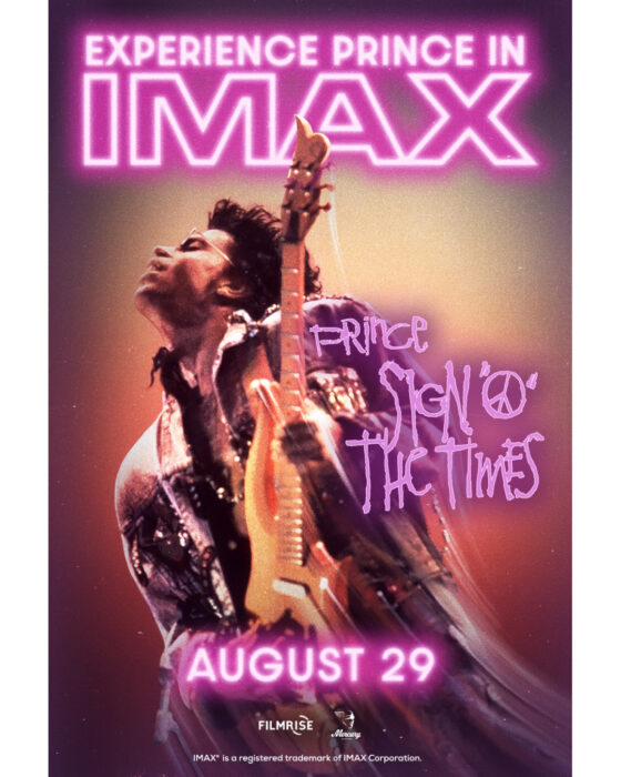 Prince striking a powerful pose in vibrant lighting from the Sign O’ The Times concert film, featured in the IMAX 2025 release key art