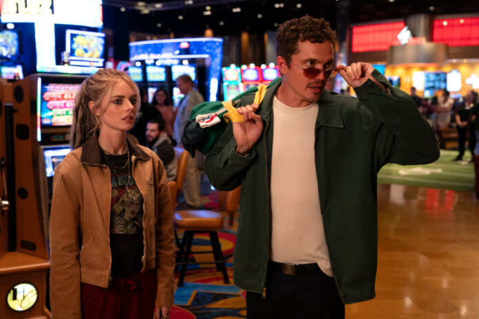 Samara Weaving and Karl Glusman star in Eenie Meanie, Hulu’s new high-speed thriller premiering August 22, 2025.