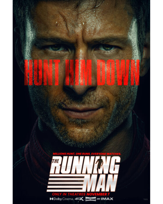 The official movie poster for The Running Man starring Glen Powell (2025)