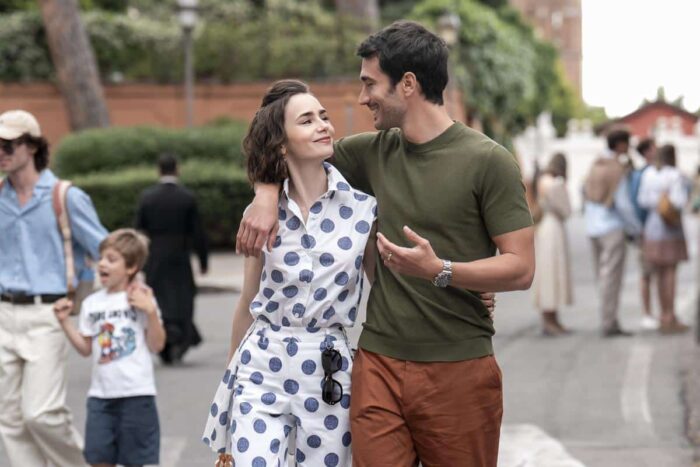 Lily Collins as Emily, Eugenio Franceschini as Marcello in Emily in Paris