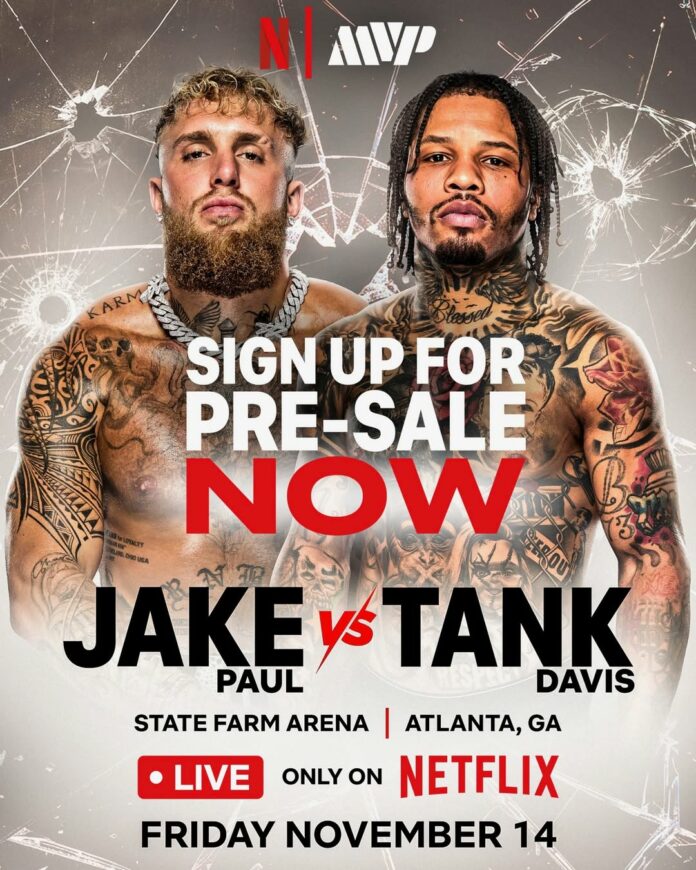 Teaser poster for the Jake Paul vs. Gervonta "Tank" Davis fight on Netflix on Friday, November 14