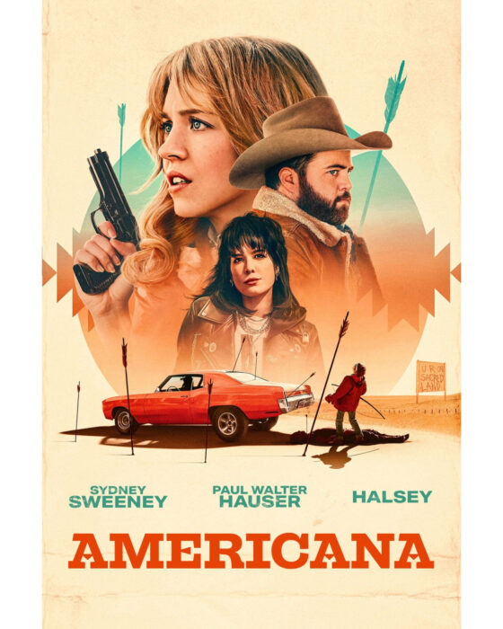 Key art for Americana (2025), modern‑day western starring Sydney Sweeney and Paul Walter Hauser in a dangerous artifact hunt.
