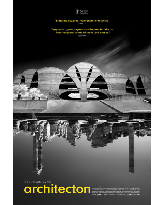 Key art for Architecton (2025), A24 documentary exploring concrete, stone, and the future of human habitats.