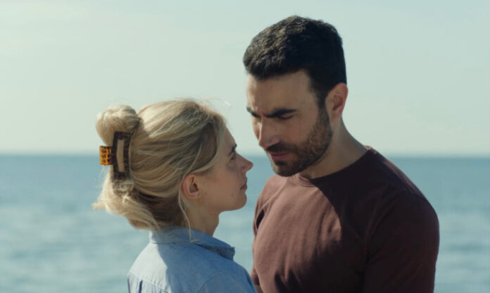 Imogen Poots and Brett Goldstein in a scene from All Of You, premiering in select theaters and on Apple TV+ September 26, 2025.