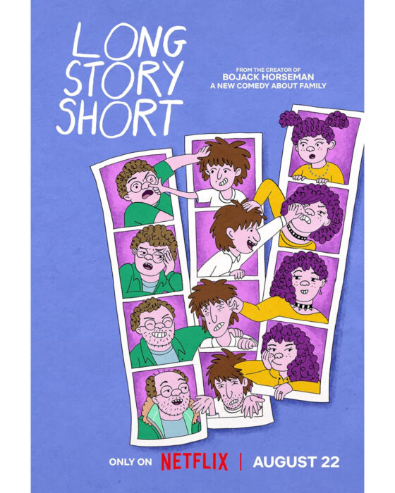 Animated Schwooper siblings in various stages of life from Netflix comedy Long Story Short