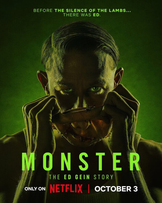 Charlie Hunnam as Ed Gein in the "Monster: The Ed Gein Story" teaser poster, pulling on a flesh-like mask with the caption “Before The Silence of the Lambs... There Was Ed.”