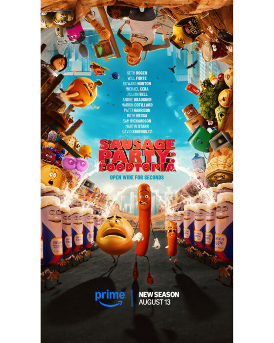 Animated poster for Sausage Party: Foodtopia on Prime Video, featuring raunchy humor and outrageous food-themed characters.