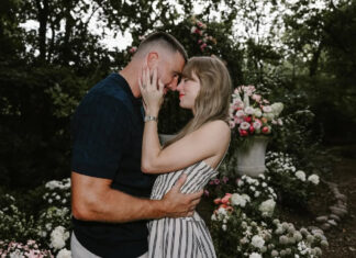 She Said ‘Yes’: Taylor Swift And Travis Kelce Are Engaged Taylor Swift and Travis Kelce smiling in garden during engagement announcement