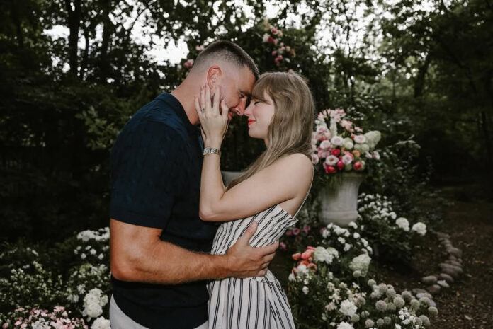 Taylor Swift and Travis Kelce smiling in garden during engagement announcement