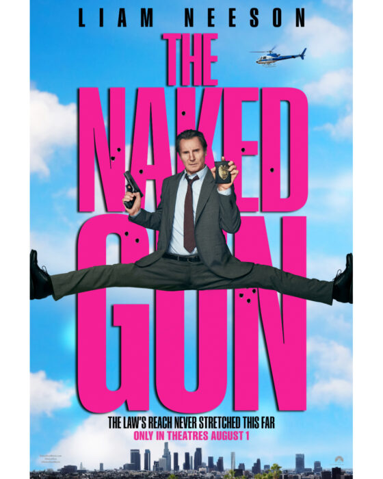 Key art for The Naked Gun (2025), comedy reboot starring Liam Neeson, Pamela Anderson, and Paul Walter Hauser.
