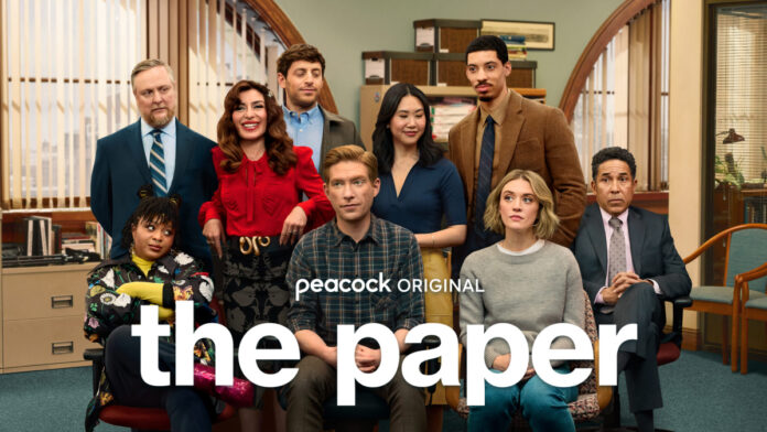Key art for Peacock comedy series The Paper featuring the main cast in a newsroom setting