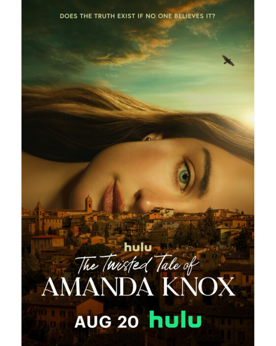 Grace Van Patten as Amanda Knox in Hulu’s 'The Twisted Tale of Amanda Knox' standing in an Italian courtroom, looking anxious and determined.