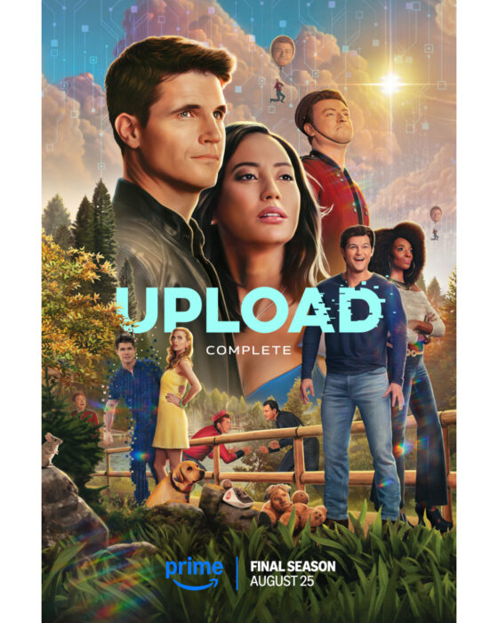 Sci-fi comedy poster for Upload Season 4 on Prime Video, featuring a digital afterlife and futuristic romance.