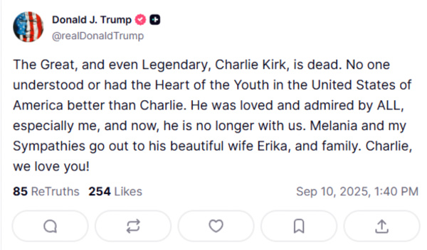 Donald Trump announces Charlie Kirk's death
