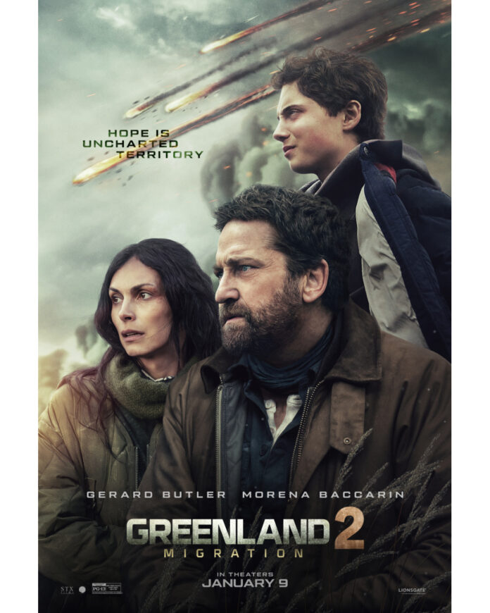 Official movie poster for “Greenland 2: Migration,” starring Gerard Butler, highlighting the global survival journey following Earth’s comet catastrophe.