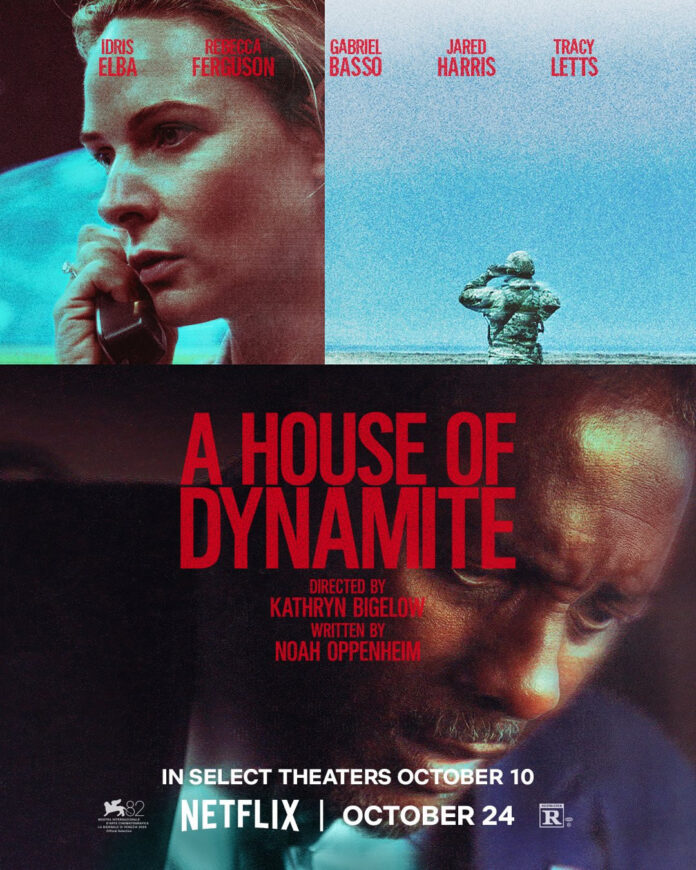 Key art for Netflix thriller A House of Dynamite directed by Kathryn Bigelow, featuring Idris Elba and the ensemble cast against a backdrop of nuclear tension.