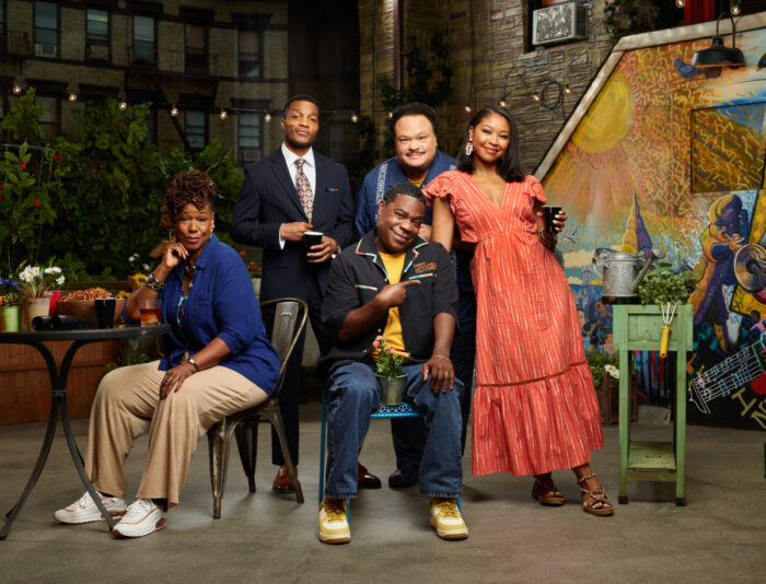 Kecia Lewis as Antoinette, Jermaine Fowler as Jake, Tracy Morgan as Francois Frank Crutchfield, Adrian Martinez as Flaco, and Adrianna Mitchell as Jamilah in Crutch on Paramount+, premiering November 3.