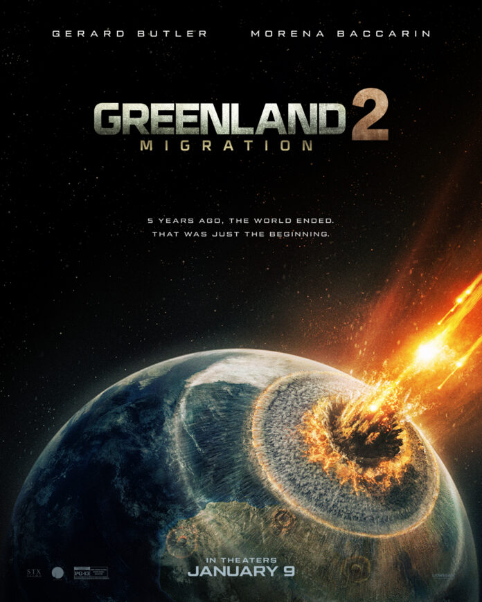 Key art for "Greenland 2: Migration" featuring Gerard Butler and Morena Baccarin leading the Garrity family through a devastated post apocalyptic world.