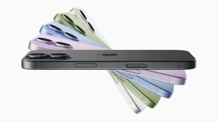 iPhone 17 shown in five colors including black, lavender, mist blue, sage, and white with a durable new design.