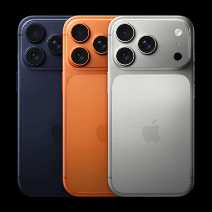 iPhone 17 Pro and iPhone 17 Pro Max shown in deep blue, cosmic orange, and silver finishes.