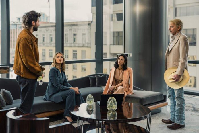 Guy Burnet as Charlie, Kayla Wallace as Rebecca, Demi Moore as Cami, and Billy Bob Thornton as Tommy in Landman Episode 8 Season 2