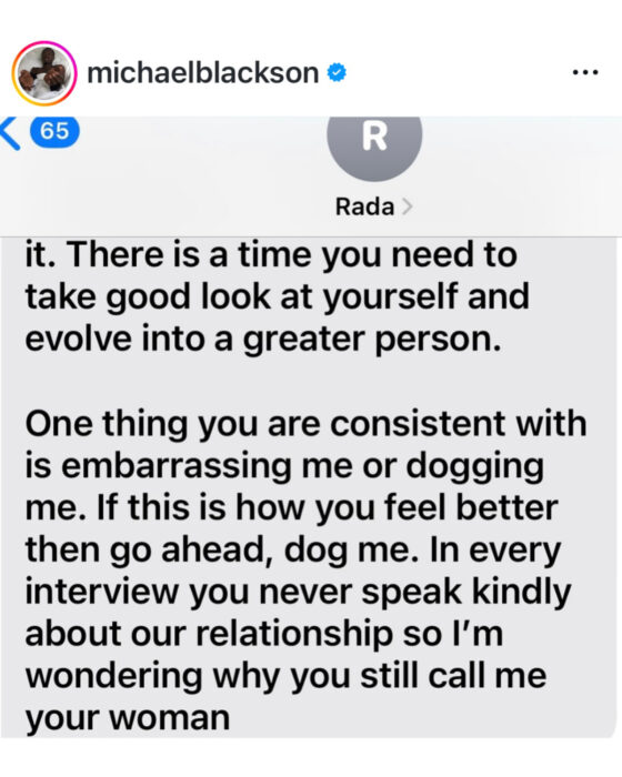 Rada Darling text message calling out Michael Blackson
