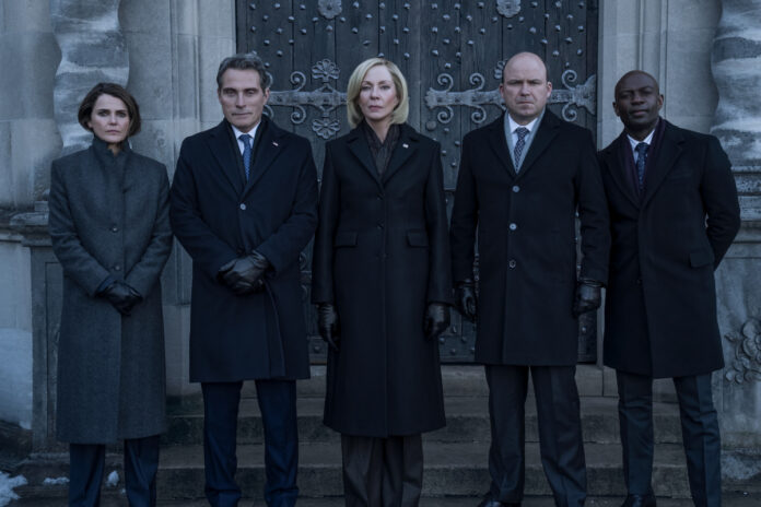 “The Diplomat” Season 3 Episode 308 with Keri Russell as Kate Wyler, Rufus Sewell as Hal Wyler, Allison Janney as Grace Penn, Rory Kinnear as Nicol Trowbridge, and David Gyasi as Austin Dennison