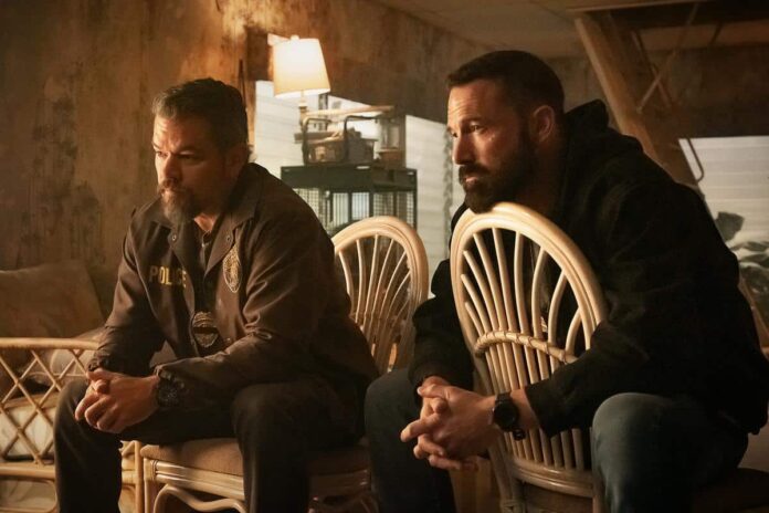 the-rip-netflix-ben-affleck-matt-damon-duo Ben Affleck as Detective Sergeant J.D. Byrne and Matt Damon as Lieutenant Dane Dumars in Netflix film The Rip.