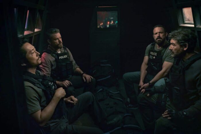 Steven Yeun, Matt Damon, Ben Affleck, and Kyle Chandler in Netflix thriller The Rip.