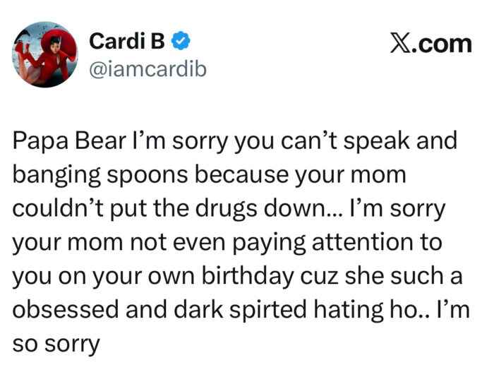 Cardi B tweets about Papa Bear being non-verbal