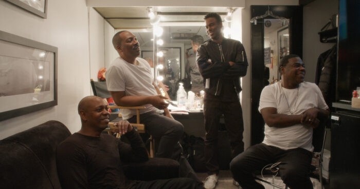 Being Eddie. (L to R) Dave Chappelle, Eddie Murphy, Chris Rock and Tracy Morgan in Being Eddie.